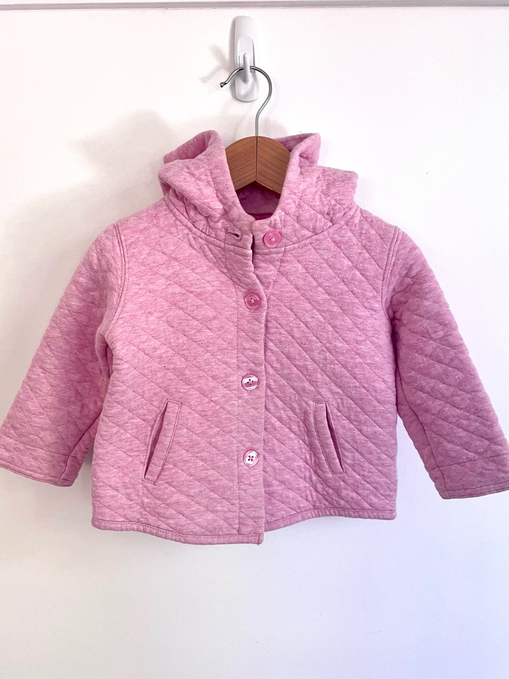 $7 💥Baby Girl Quilted Jacket, Lightweight, Lined Hood, Peony Pink, Pockets